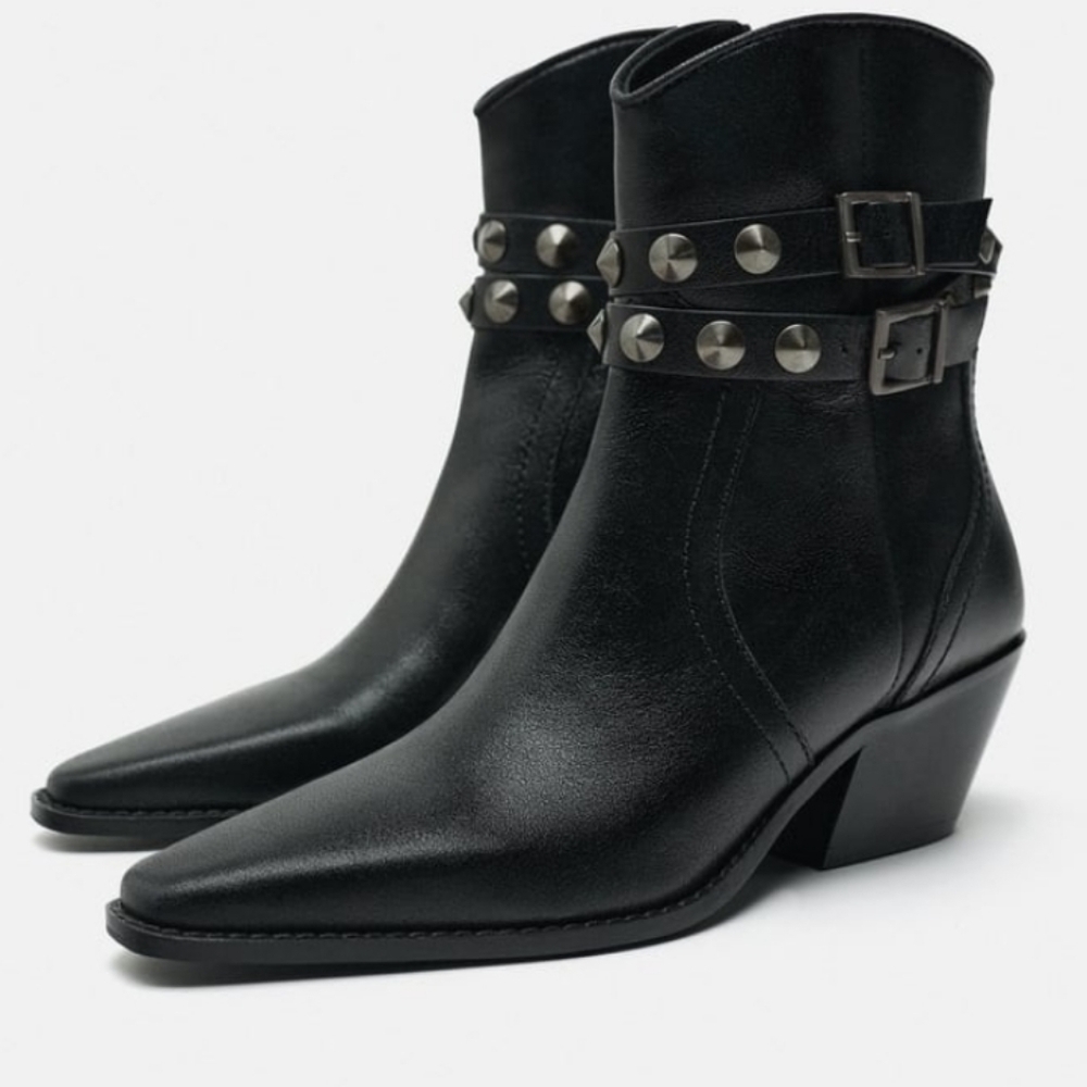 Zara Leather strap studded Cowboy Ankle Boots